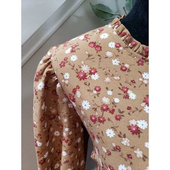 Est 1946 Women's Brown Lined Floral Long Sleeve Crew Neck Shift Dress Size Large - Picture 6 of 13